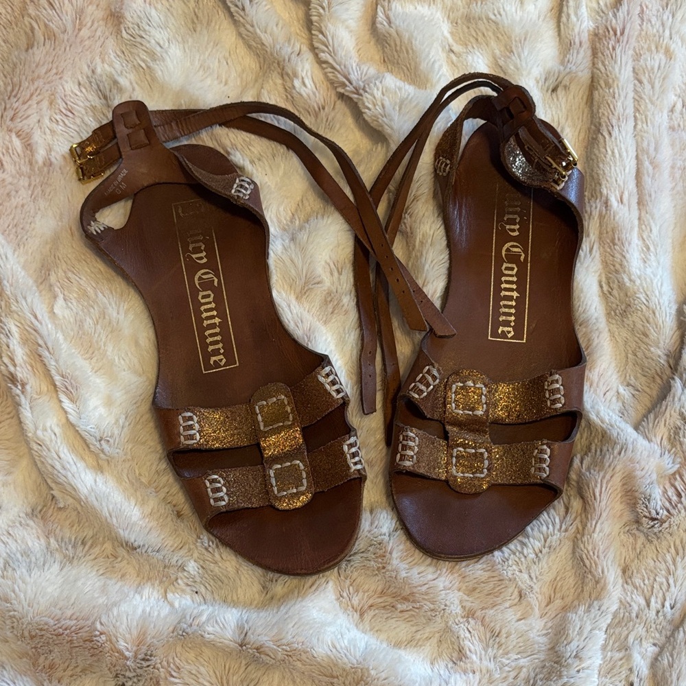 Juicy Couture Brown Glitter Strap Lace-Up Sandals with Gold Buckles